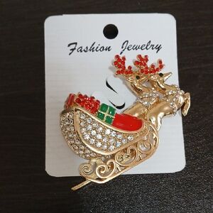 Fashion Jewelry Gold and Red Reindeer Brooch